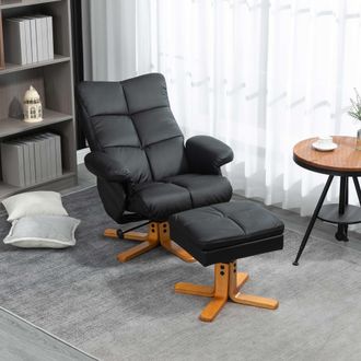 HOMCOM Recliner Chair & Footstool PU Leather Wooden Base in Black