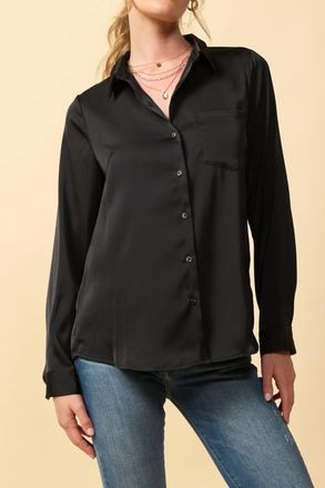 Skies Are Blue Clothing Heidi Silky Satin Button Down Collared Blouse In Black