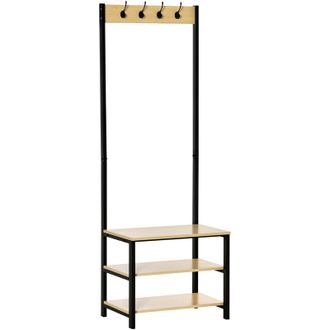 HOMCOM Homcom - Perchero de pie perchero metálico zapatero con 3 estantes y 4 ganchos para colgar ropas para pasillo entrada 60x40x175 cm