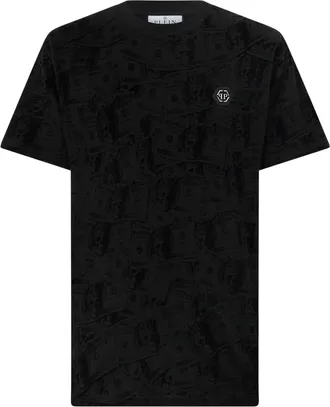 Philipp Plein Black Canvas T-Shirt with Dollar-Bill Print and Logo Plaque