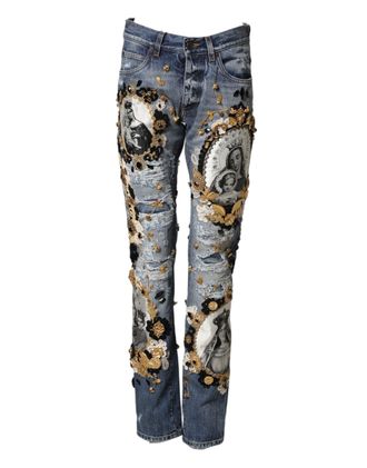 Dolce & Gabbana Mens Blue Ripped Embellished Cotton Denim Jeans Clothing