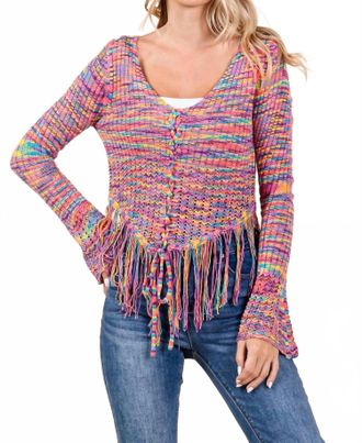 Fate Marled Yarn Lace Up Front Fringe Hem Sweater In Multi