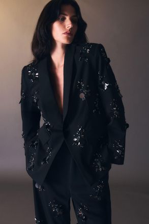 Karen Millen Womens Cluster Sequin & Crystal Embellished Tailored Single Breast Blazer - Black - Size 12 UK