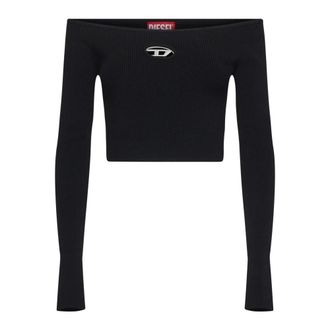 Diesel Long Sleeve T-Shirts, female, Black, XS, Off-shoulder Ribbed Knit Top Black