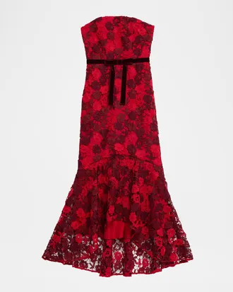 Shoshanna Cierra Strapless Floral Lace High-Low Gown