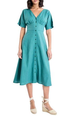Maggy London Flutter Sleeve Flare Linen Blend Midi Dress in North Sea at Nordstrom, Size 10