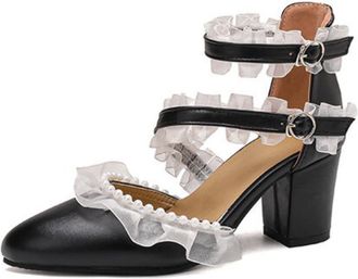 Generic Womens Pointed Toe Pumps PU Upper Double Ankle Strap Ruffled Chiffon Pearl Embellishment Block Heel Cushioned Insole Anti-Slip Durable Sole,Black,7.5 