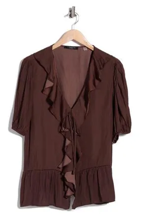T Tahari Ruffle Short Sleeve Peplum Top in Cocoa Bean at Nordstrom Rack, Size 1 X