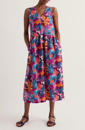 Seasalt Cornwall Lowland Heather Floral Linen Midi Dress in Floral Tropic Shapes Chalk at Nordstrom, Size 14