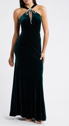 Eliza J Bow Halter Neck Velvet Gown in Hunter at Nordstrom, Size 14