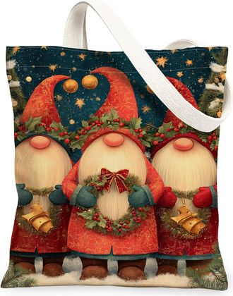 Generic Christmas Gnome Canvas Tote Bags, Holiday Design Reusable Grocery Bags, Vintage Lightweight Washable Canvas for Travel Picn, Red, 13x15 Inch