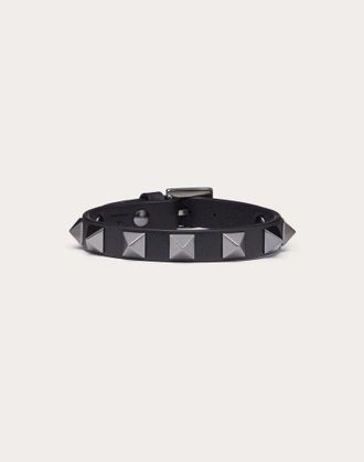 Valentino Garavani Bracciale Rockstud In Pelle E Borchie Finitura Palladio Uomo NERO UNI