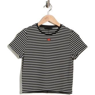 Alice & Olivia Cindy Embroidered Crop T-Shirt in Black/Off White Stripe at Nordstrom Rack, Size X-Small