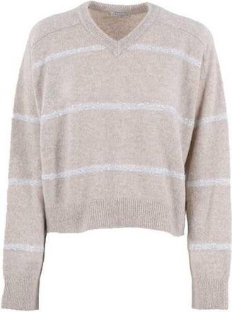 Brunello Cucinelli Womens Oyster Wool Blend V Neck Sweater, Size L