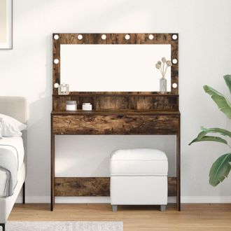 Berkfield Home Makeup Table with LED Lights in Smoked Oak - 100x41x135 cm in Brown | Size: 100 x 41 x 135 cm