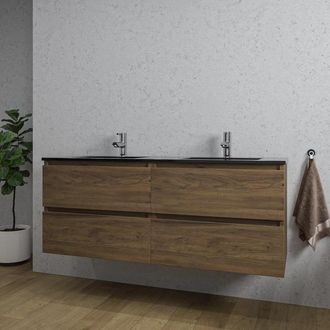 Saniclass Chaci Badkamermeubelset - 140x46x55cm - keramische wastafel zwart - 2 wasbakken - 2 kraangaten - 4 lades - noten