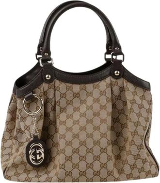 Gucci Pre-owned Handbags, female, Brown, Size: ONE SIZE Pre-owned GG Logo Jacquard Brown Leather Suki Tote Bag