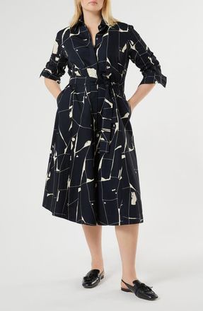 Marina Rinaldi Abstract Print Long Sleeve Cotton Shirtdress in Midnight Blue at Nordstrom, Size 20W