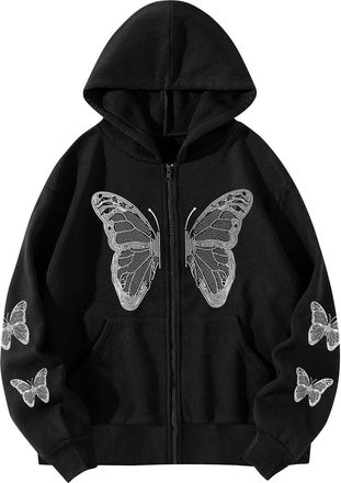 Generic RLEHJN Womens Zip Up Hoodie, Ladies Hoodies Butterflies Printed Jumpers Fleece Lined Sweatshirts Gothic Style Sweater Long Sleeve Tops Hooded Sweatshi