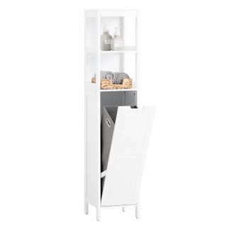 SoBuy Sobuy - Mueble Columna De Ba&ntilde;o Armario Alto Para Ba&ntilde;o Estanter&iacute;as De Ba&ntilde;o Con 1 Cesto Para Ropa Sucia Y 2 Estantes 30 X 30 X 145 Cm Bzr123-w Es