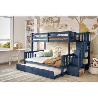 Flair Tag Triple Staircase Bunk Bed with Trundle in Blue | Size: Double