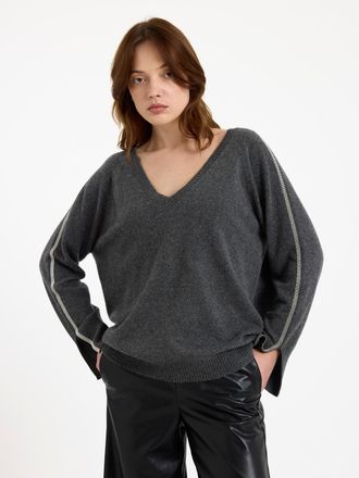 Brodie Glitz Split Cuff Relaxed Cashmere V Neck Jumper In Derby Grey