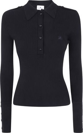 Courr&egrave;ges Truien & Vesten, Dames, Zwart, L, Polyester, Polo trui met ronde hals en ribstructuur