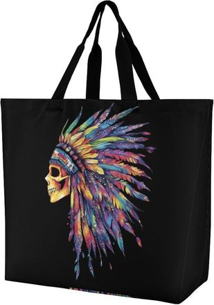 Generic Native Indian Chief Skull Reusable Shopping Bags One Shoulder Grocery Tote Bag Waterproof Big Purse for Work Travel