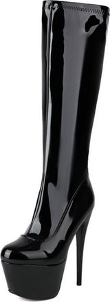Generic Womens Sexy High Heel Platform Long Boots Round Toe Knee High Boots PU Leather Party Prom Shoes with Side Zipper,Black2,4.5 UK