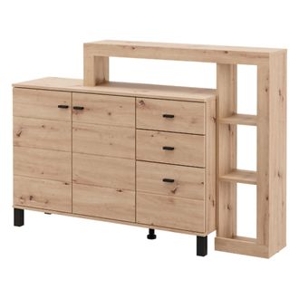 Dmora Credenza Valiza, Alacena 4 Estantes, 3 Cajones, 6 Compartimentos, 145x35x101h Cm Marr&oacute;n Roble Nudos