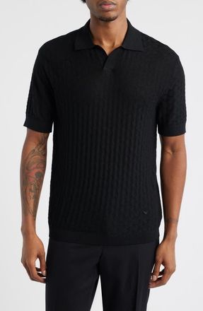 Emporio Armani Basket-Weave Stitch Johnny Collar Virgin Wool Polo Sweater in Solid Black at Nordstrom, Size Xx-Large