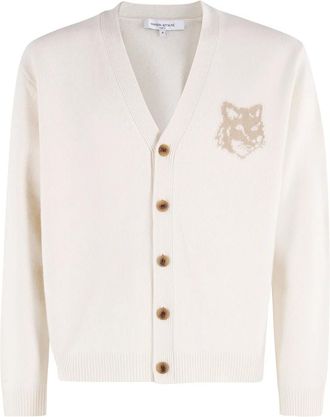 Maison Kitsun&eacute; Fox Head Intarsia Merino Cardigan - Heren - Vesten - Wit - M - Truien & Vesten