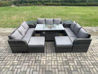 Fimous Outdoor Rattan Furniture Garden Dining Set Gas Fire Pit Table With 2 Side Tables Lounge Sofa 2 Big Footstool in Dark Grey