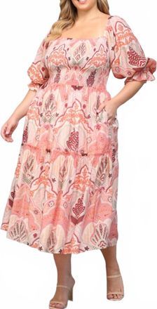 Fate Printed Elastic Waist Dress In Coral/pink