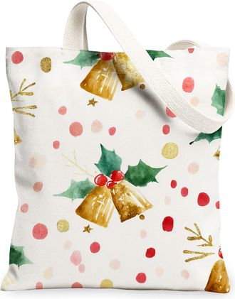 Generic Holiday Canvas Tote Bags, Bell and Leaf Pattern Reusable Grocery Bags, Merry Lightweight Washable Shoulder Strap for Travel, White, 13x15 Inch