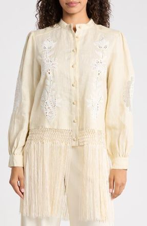 Farm Rio Sand Richilieu Linen Button-Up Shirt in Beige at Nordstrom, Size Xx-Small