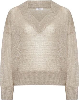 Brunello Cucinelli Luxe Sweaters Collectie - Dames - V-hals truien - Beige - L - Wol - Truien & Vesten