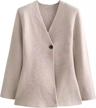 Generic Womens Long-Sleeved V-Neck Single-Button Casual Loose Coat Chic Solid Color Retro Slim Cardigan Coat Top Beige L