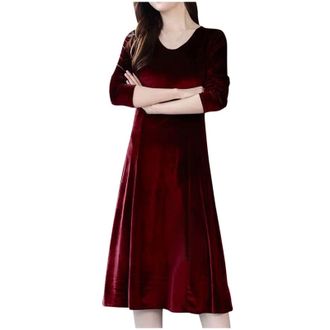 Generic Dresses Winter Women Neck Velvet Long Sleeve Slim High Waist Midi Dress Cocktail Dress (Red, XXXL)