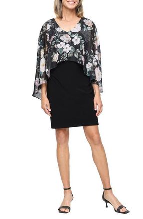 S.L. Fashions Floral Print Metallic Cape Matte Jersey Cocktail Dress in Black Multi at Nordstrom, Size 16
