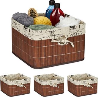 Relaxdays Relaxdays Set of 4 Storage Baskets, Bamboo & Polyester, 20 x 31 x 31 cm, with Handle Hole, Fabric Lining, Brown/Cream