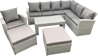 Fimous 9 Seater Garden Outdoor Rattan Furniture Set Rattan Corner Sofa Oblong Coffee Table with 2 Big Footstools Light Grey Mixed - Fimous