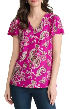 Jones New York Paisley Flutter Sleeve Top in Bright Orchid Multi at Nordstrom, Size X-Large