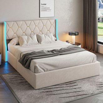 OEM Estructura De Cama Con Arc&oacute;n 140x200 Cm Pocketpop Terciopelo Beige Con Led Y Somier De Lamas