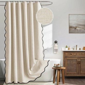 OEM Cortina De Ducha, Dise&ntilde;o De Encaje En Forma De Abanico Color Beige Textura Lino, Lavable, Impermeable Gruesa Borde Negro, Tama&ntilde;o: 200 X 200 Cm