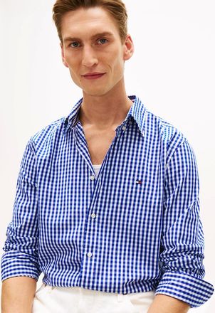 Tommy Hilfiger Mens Tommy Hilfiger Flex Poplin Gingham Mens Long Sleeve Shirt - Wedge Blue/Check - Wedge Blue Check - Size: 40/Regular