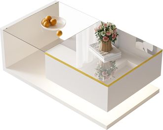 STILVORA Mesa De Centro 90 Cm Con Tablero De Cristal Y Led 16 Colores, Estantes Abiertos, Blanco Brillo, 90&times;50&times;32,5 Cm