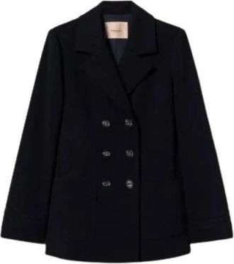 Twinset Kruis-Sluiting Crepe Blazer met Borduurwerk - Dames - Blazers - Blauw - L - Polyester - Jassen
