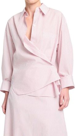 TWP Newest Earl Stripe Wrap Front Cotton Button-Up Shirt in White/red at Nordstrom, Size X-Small/small