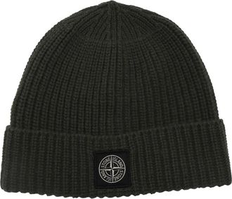Stone Island Geribbelde Muskuswollen Beanie Hoed - Heren - Hoeden - Zwart - ONE Size - Wol - Accessoires